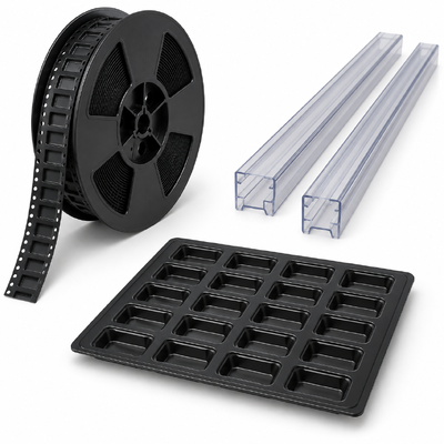 Konfigurierbare ESD-Verpackungslösung für elektronische Bauteile mit Optionen für IC-Röhrenträgerband, Kunststoffrolle und Blisterträger für Lagerung und Transport